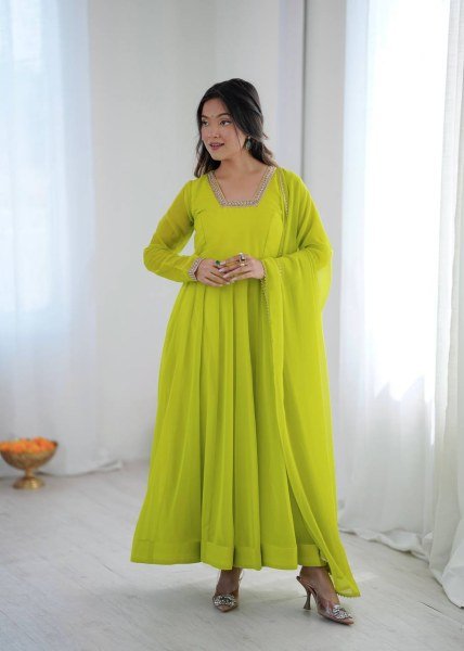 Exclusive Lemon Yellow Kali Cut Anarkali Suit with Border Lace Dupatta for Women Ready To Wear Collection