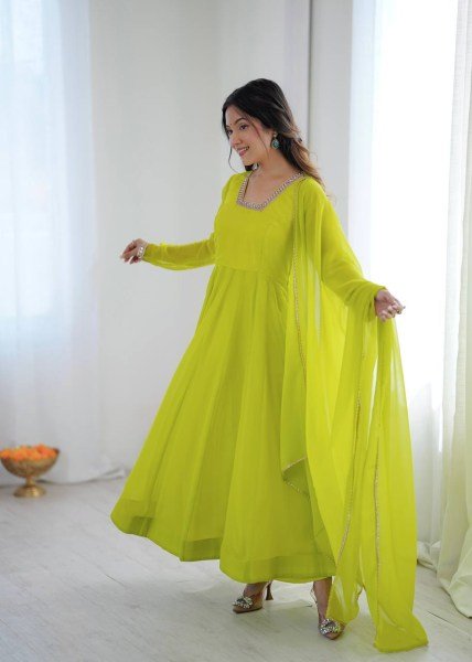 Exclusive Lemon Yellow Kali Cut Anarkali Suit with Border Lace Dupatta for Women Ready To Wear Collection