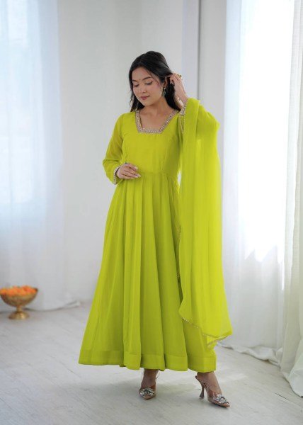Exclusive Lemon Yellow Kali Cut Anarkali Suit with Border Lace Dupatta for Women Ready To Wear Collection