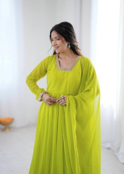 Exclusive Lemon Yellow Kali Cut Anarkali Suit with Border Lace Dupatta for Women Ready To Wear Collection