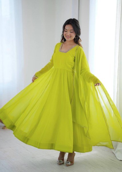 Exclusive Lemon Yellow Kali Cut Anarkali Suit with Border Lace Dupatta for Women Ready To Wear Collection