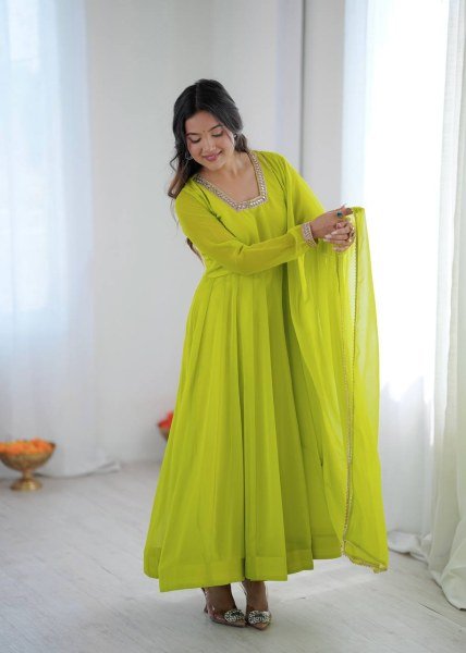 Exclusive Lemon Yellow Kali Cut Anarkali Suit with Border Lace Dupatta for Women Ready To Wear Collection