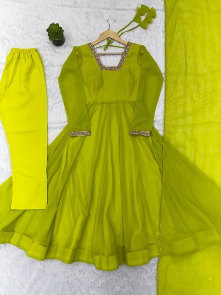 Exclusive Lemon Yellow Kali Cut Anarkali Suit with Border Lace Dupatta for Women Ready To Wear Collection