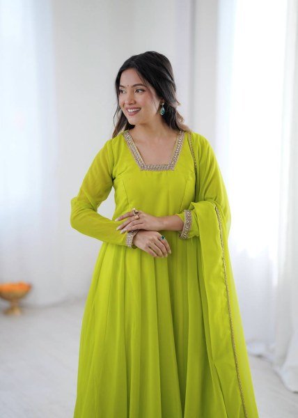 Exclusive Lemon Yellow Kali Cut Anarkali Suit with Border Lace Dupatta for Women Ready To Wear Collection