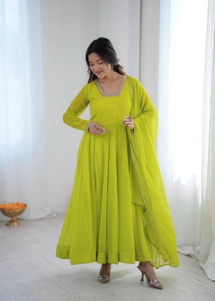 Exclusive Lemon Yellow Kali Cut Anarkali Suit with Border Lace Dupatta for Women Ready To Wear Collection