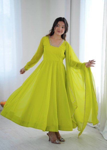 Exclusive Lemon Yellow Kali Cut Anarkali Suit with Border Lace Dupatta for Women Ready To Wear Collection