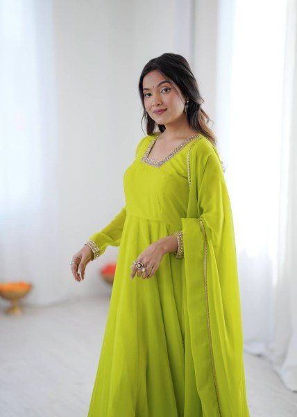 Exclusive Lemon Yellow Kali Cut Anarkali Suit with Border Lace Dupatta for Women Ready To Wear Collection