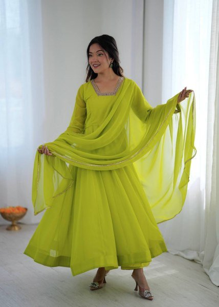 Exclusive Lemon Yellow Kali Cut Anarkali Suit with Border Lace Dupatta for Women Ready To Wear Collection