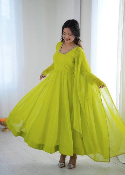 Exclusive Lemon Yellow Kali Cut Anarkali Suit with Border Lace Dupatta for Women Ready To Wear Collection