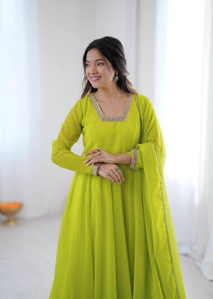 Exclusive Lemon Yellow Kali Cut Anarkali Suit with Border Lace Dupatta for Women Ready To Wear Collection