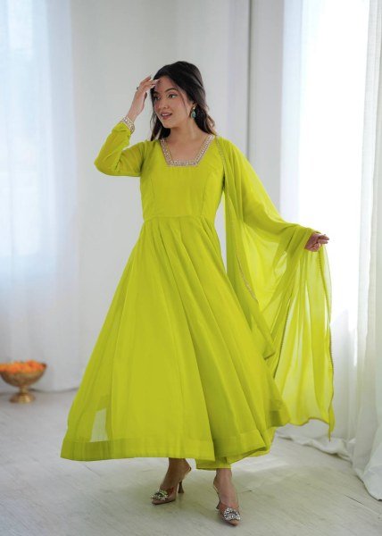 Exclusive Lemon Yellow Kali Cut Anarkali Suit with Border Lace Dupatta for Women Ready To Wear Collection
