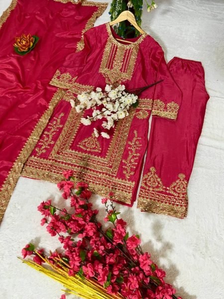 Exclusive Magenta Pink Chinon Sequence Embroidered  Kurti Suit for Party Wear Embroidery Suits Wholesale