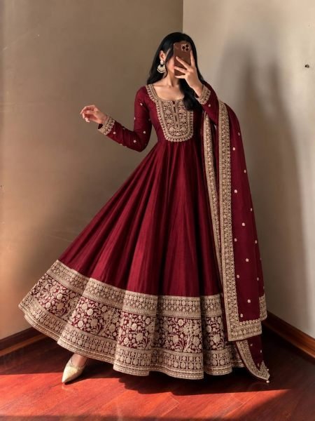Exclusive Maroon Ready to Wear Heavy Roman Silk Gown Pant Dupatta Set  Ready To Wear Suit
