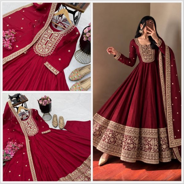 Exclusive Maroon Ready to Wear Heavy Roman Silk Gown Pant Dupatta Set  Ready To Wear Collection