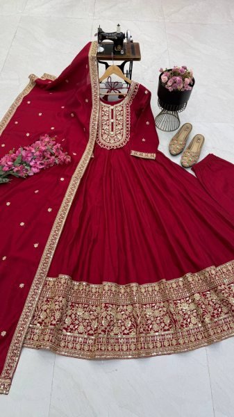 Exclusive Maroon Ready to Wear Heavy Roman Silk Gown Pant Dupatta Set  Ready To Wear Collection