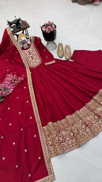 Exclusive Maroon Ready to Wear Heavy Roman Silk Gown Pant Dupatta Set  Ready To Wear Collection