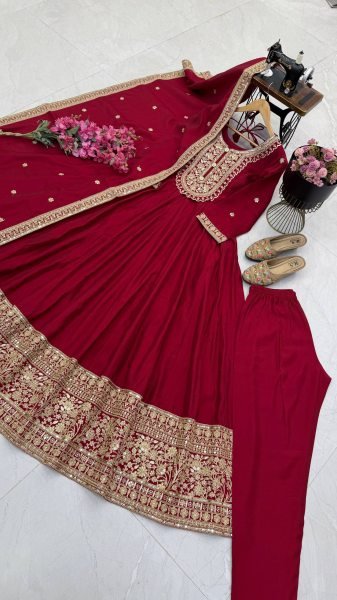 Exclusive Maroon Ready to Wear Heavy Roman Silk Gown Pant Dupatta Set  Ready To Wear Collection