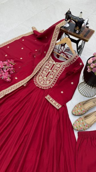Exclusive Maroon Ready to Wear Heavy Roman Silk Gown Pant Dupatta Set  Ready To Wear Collection