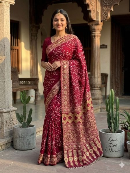 Exclusive Maroon Satin Silk Printed Saree with Aari Mirror Work for Festive Wear Silk Sarees Wholesale