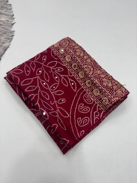 Exclusive Maroon Satin Silk Printed Saree with Aari Mirror Work for Festive Wear Silk Sarees Wholesale