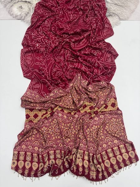 Exclusive Maroon Satin Silk Printed Saree with Aari Mirror Work for Festive Wear Silk Sarees Wholesale