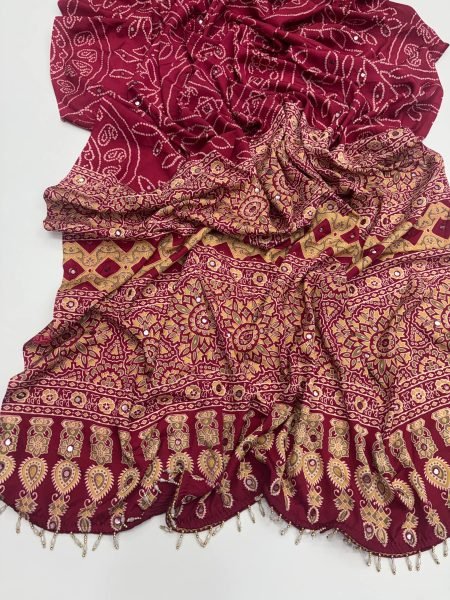 Exclusive Maroon Satin Silk Printed Saree with Aari Mirror Work for Festive Wear Silk Sarees Wholesale