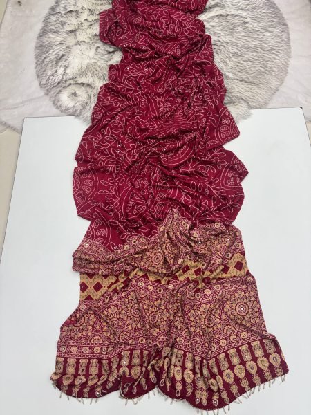 Exclusive Maroon Satin Silk Printed Saree with Aari Mirror Work for Festive Wear Silk Sarees Wholesale