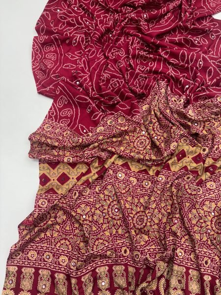 Exclusive Maroon Satin Silk Printed Saree with Aari Mirror Work for Festive Wear Silk Sarees Wholesale