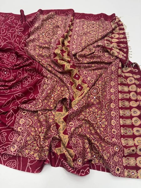 Exclusive Maroon Satin Silk Printed Saree with Aari Mirror Work for Festive Wear Silk Sarees Wholesale