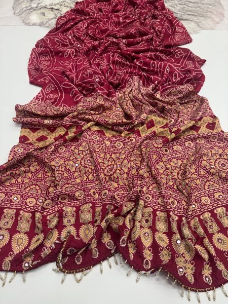 Exclusive Maroon Satin Silk Printed Saree with Aari Mirror Work for Festive Wear Silk Sarees Wholesale
