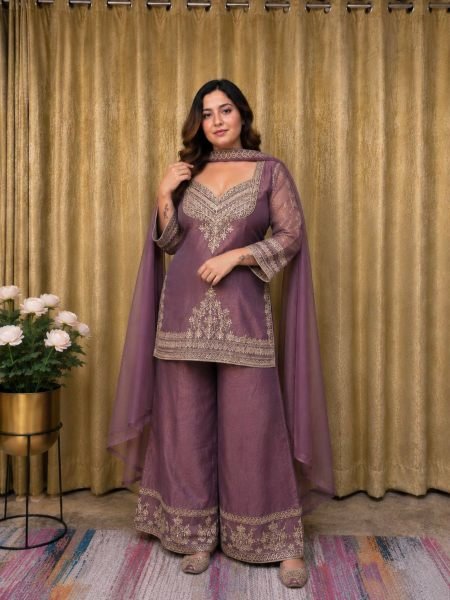Exclusive Mauve Crunchy Silk Kurti Palazzo Dupatta Set with Sequin   Zari Work for Wedding 