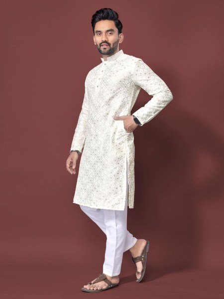 Exclusive Off White Men's Soft Silk Kurta with Multi Sequins Embroidery for Festive Wear Mens Wear