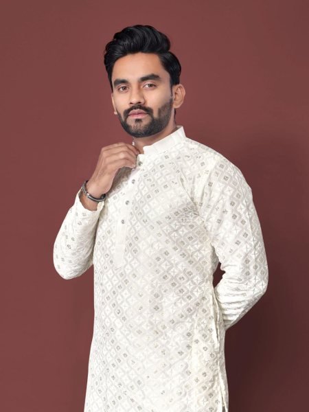 Exclusive Off White Men's Soft Silk Kurta with Multi Sequins Embroidery for Festive Wear Kurta Pajama Wholesale