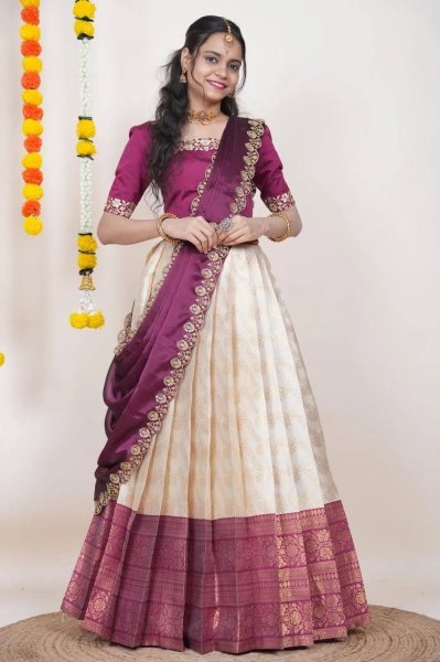 Exclusive OffWhite Silk Lehenga Choli with Traditional Banarasi Zari Work At Wholesale Half Saree Lehenga