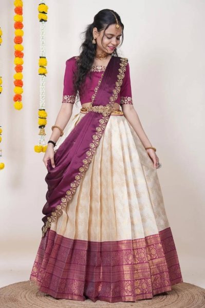 Exclusive OffWhite Silk Lehenga Choli with Traditional Banarasi Zari Work At Wholesale Half Saree Lehenga