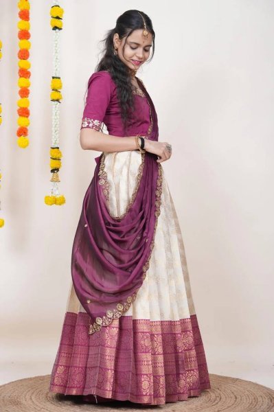 Exclusive OffWhite Silk Lehenga Choli with Traditional Banarasi Zari Work At Wholesale Half Saree Lehenga