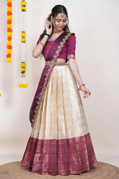 Exclusive OffWhite Silk Lehenga Choli with Traditional Banarasi Zari Work At Wholesale Half Saree Lehenga