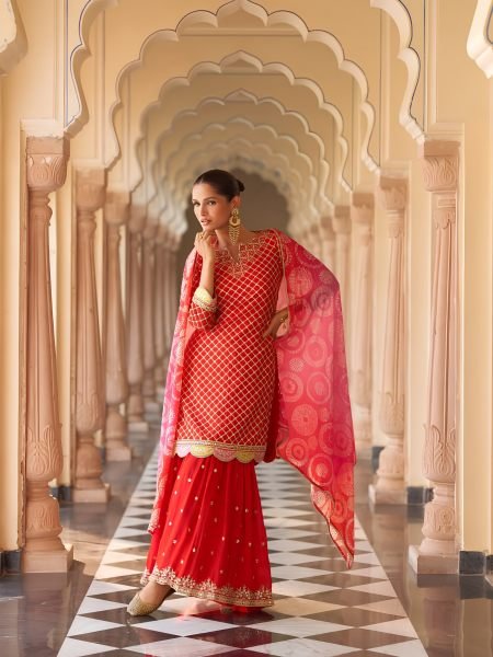 Exclusive Orange Chinon Silk Embroidered Suit with Hand Mirror Work and Designer Dupatta Salwar Kameez