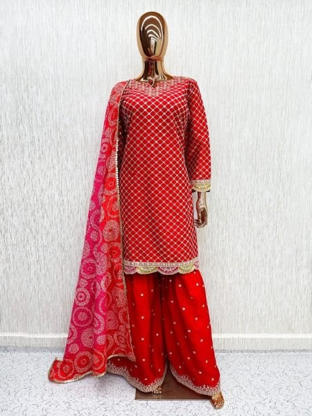 Exclusive Orange Chinon Silk Embroidered Suit with Hand Mirror Work and Designer Dupatta Designer Plazzo Salwar Suits Wholesale