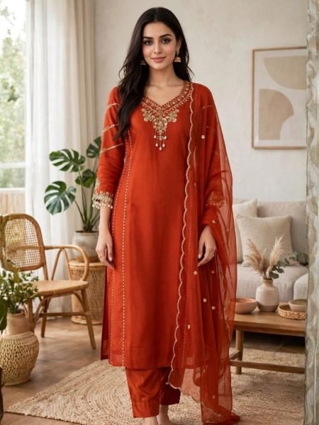 Exclusive Orange Designer Roman Silk Kurta Set with Embroidered Dupatta for Festival Kurtis