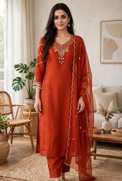 Exclusive Orange Designer Roman Silk Kurta Set with Embroidered Dupatta for Festival Embroidery Kurtis 