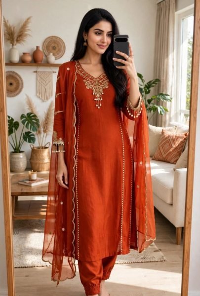 Exclusive Orange Designer Roman Silk Kurta Set with Embroidered Dupatta for Festival Embroidery Kurtis 