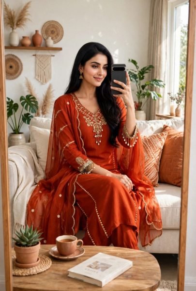 Exclusive Orange Designer Roman Silk Kurta Set with Embroidered Dupatta for Festival Embroidery Kurtis 