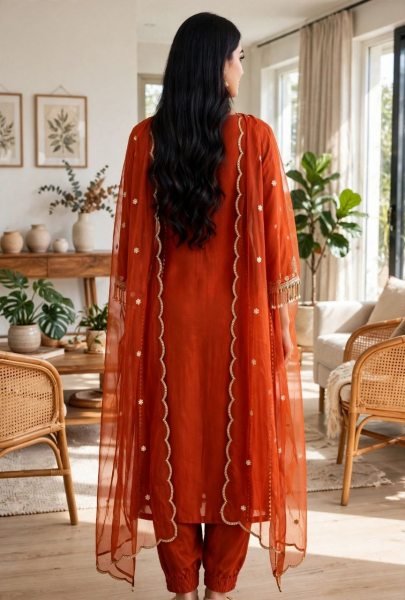 Exclusive Orange Designer Roman Silk Kurta Set with Embroidered Dupatta for Festival Embroidery Kurtis 