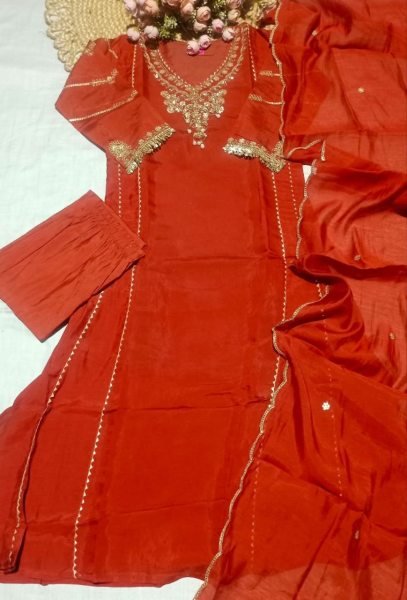 Exclusive Orange Designer Roman Silk Kurta Set with Embroidered Dupatta for Festival Embroidery Kurtis 