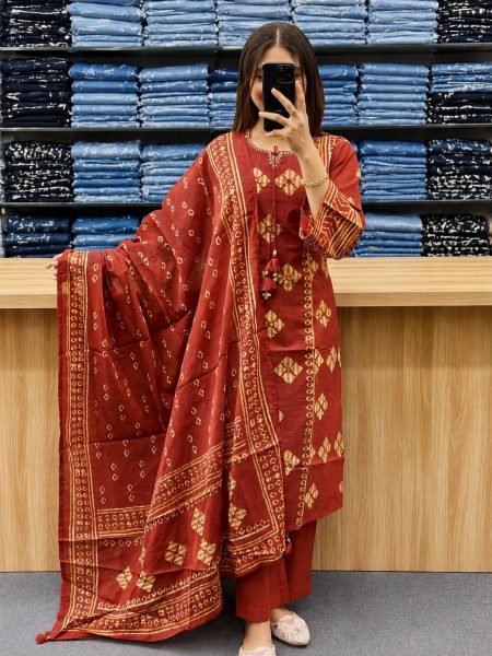 Exclusive Orange Pure Cotton Suit Set with Handcrafted Detailing and Dupatta Kurtis