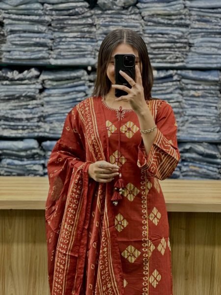 Exclusive Orange Pure Cotton Suit Set with Handcrafted Detailing and Dupatta Cotton Kurtis Wholesale
