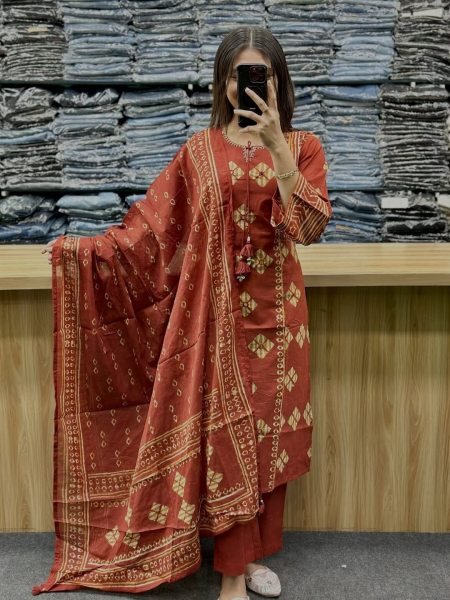Exclusive Orange Pure Cotton Suit Set with Handcrafted Detailing and Dupatta Cotton Kurtis Wholesale