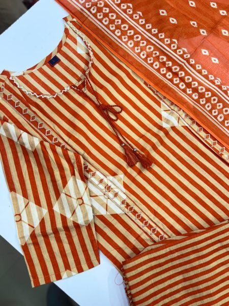 Exclusive Orange Pure Cotton Suit Set with Handcrafted Detailing and Dupatta Cotton Kurtis Wholesale