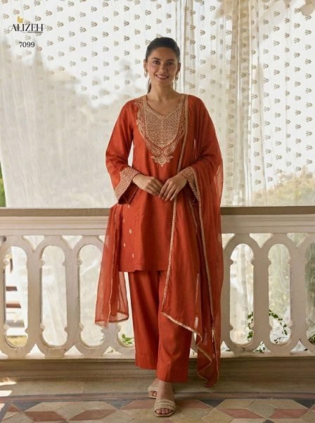 Exclusive Orange Stylish Relaxed Fit Kurti Set with Ankle Length Pants for Ladies Pakistani Suits Wholesale